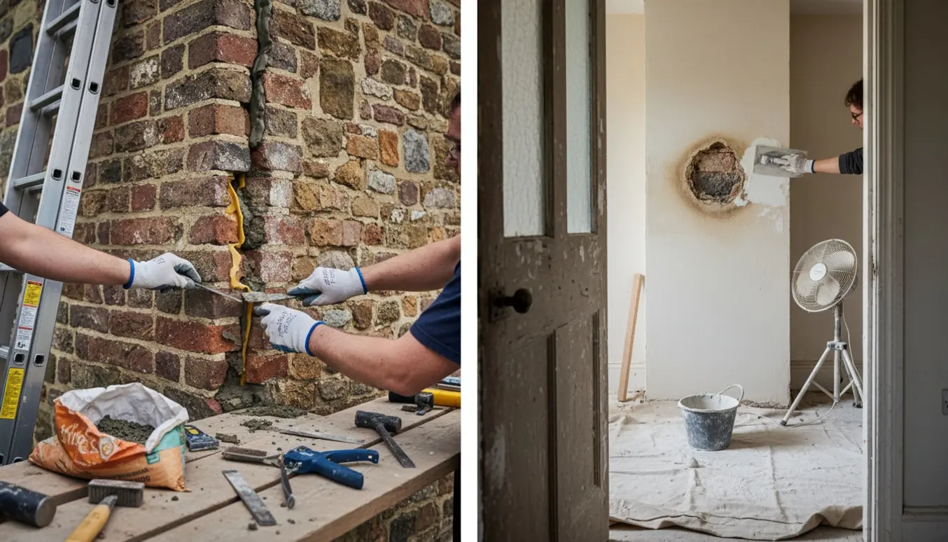 Udvendig reparation af revnet muret mur og indvendig udbedring af vandskadet skorsten med murerværktøj.