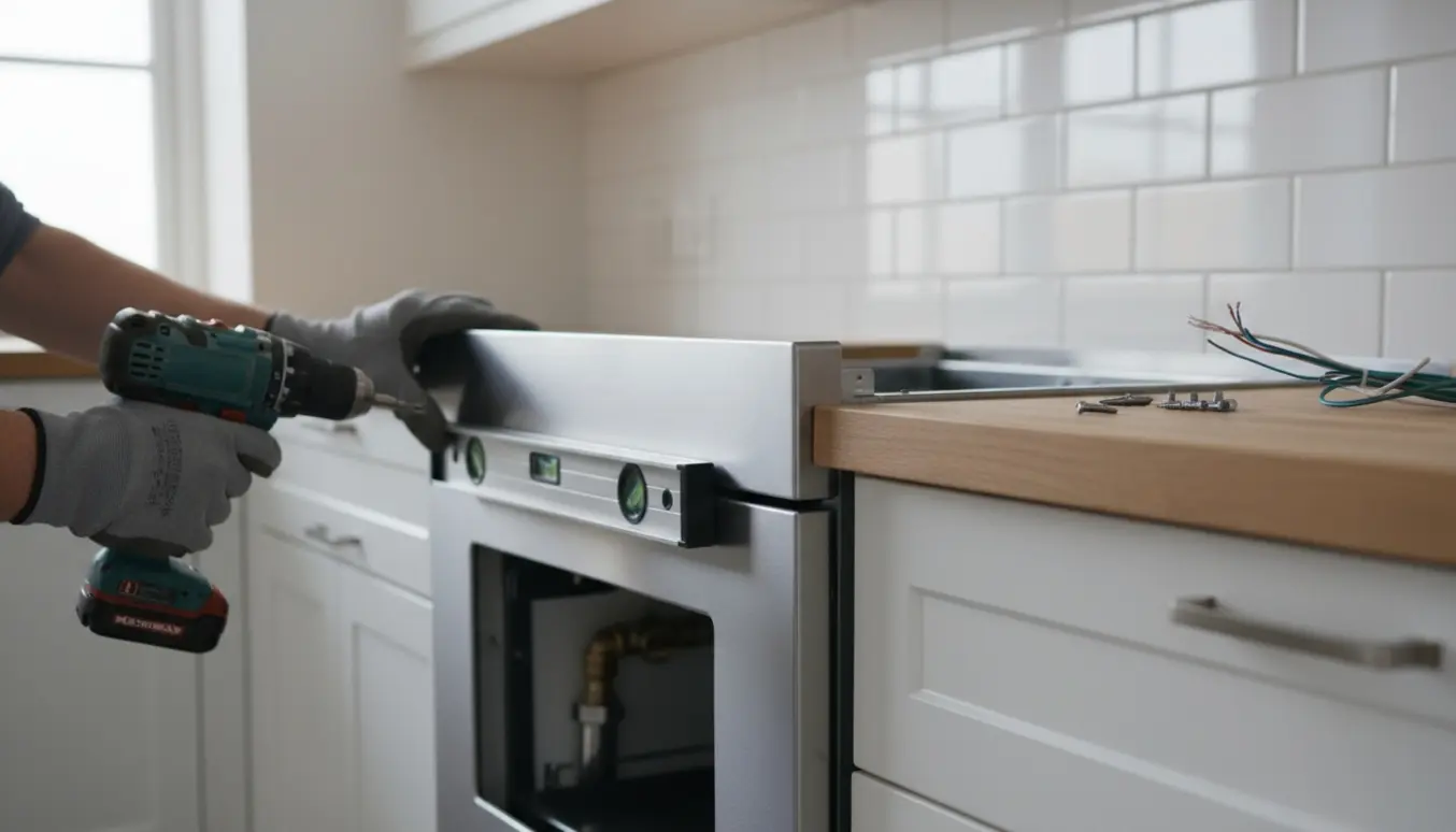 Ny indbygget ovn skubbes på plads i et forberedt køkkenskab med værktøj og en afproppet gasledning.