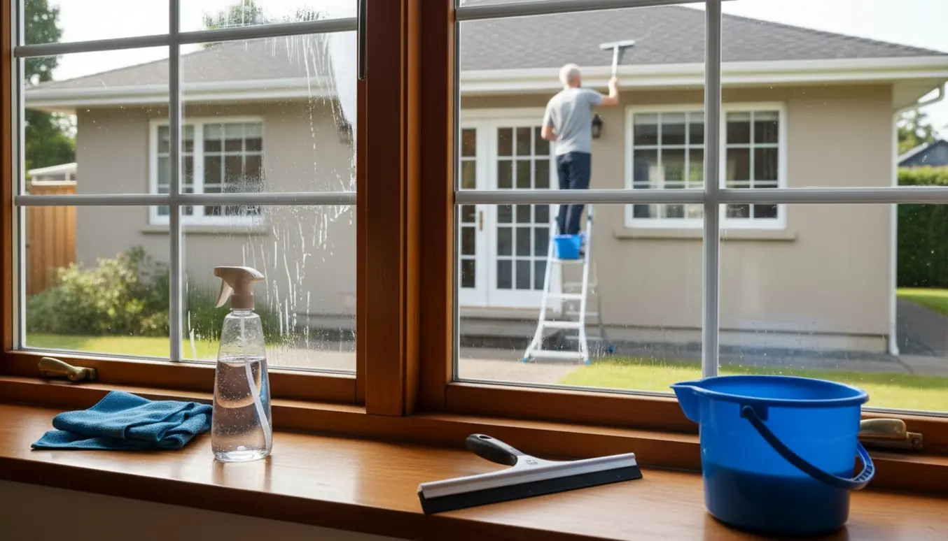 Vinduespudsning på en-etagers hus med ti-ruders sprossevinduer, rengøringsredskaber på karmen og en pudser set bagfra.
