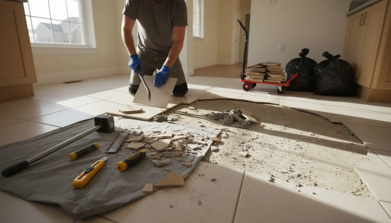 Fjernelse af fliser i et køkken med værktøj, brudte fliser og sække klar til bortskaffelse.