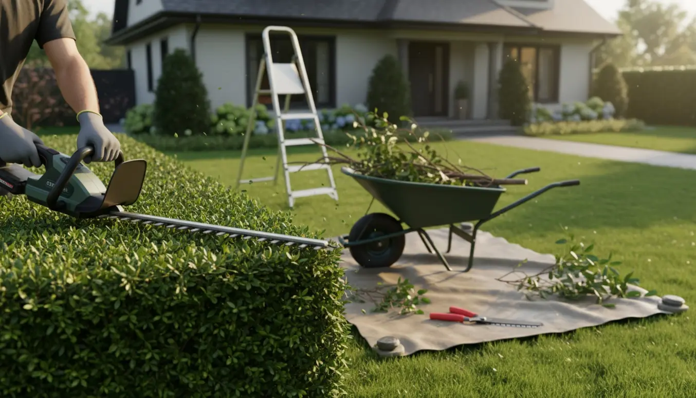 Nærbillede af handskerede hænder, der klipper en hæk i forhaven med nyskårne grene og haveredskaber ved huset.