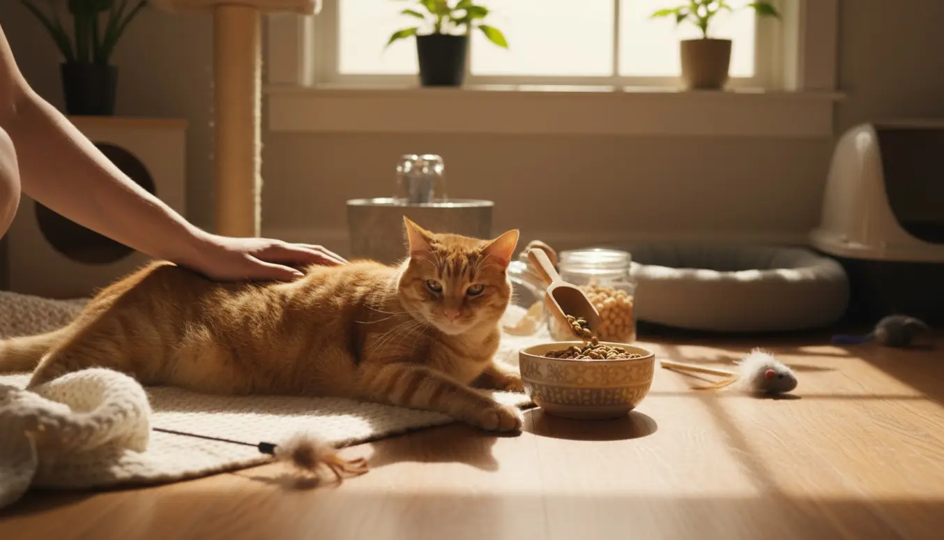 Hænder fodrer og nusser en afslappet kat i en solfyldt, hyggelig stue med kattelegetøj og vandskål.