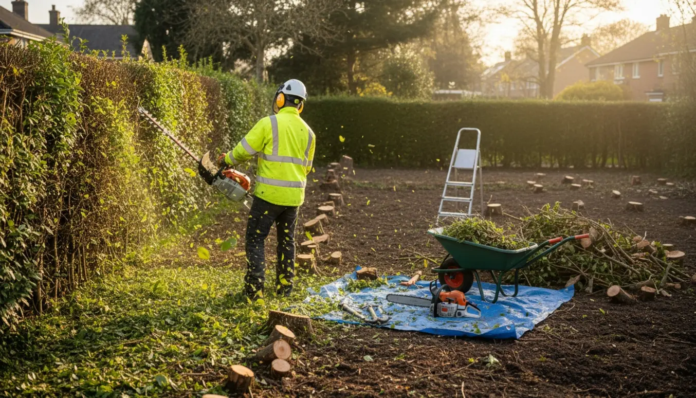 Overgroet hæk bliver klippet ned med hækkeklipper, og et nærliggende område er ryddet med bunker af grene og værktøj.