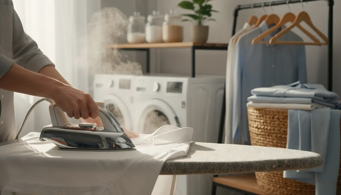 Hænder stryger en nyvasket skjorte på et strygebræt i et lyst og ryddeligt vaskerum.