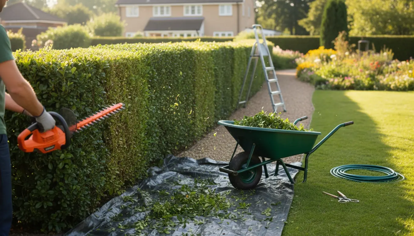 Nyklippet ligusterhæk med en handske-klædt hånd, hækkeklipper og en trillebør med friske kviste i en solbelyst have.