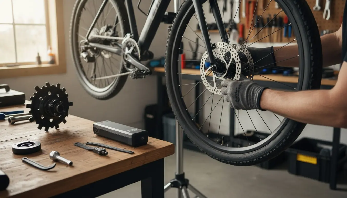 Cykel på reparationsstativ mens nyt hjul, bremseskive og pedal-sensor fra et el-ombygningssæt monteres.