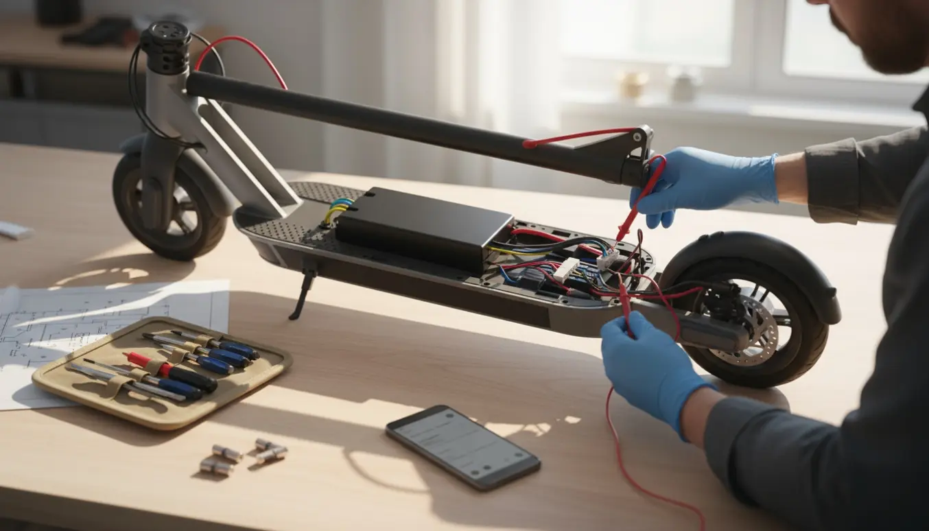 Nærbillede af et Ninebot ES2 L løbehjul med åbent dæksel, multimeter og værktøj under fejlsøgning.