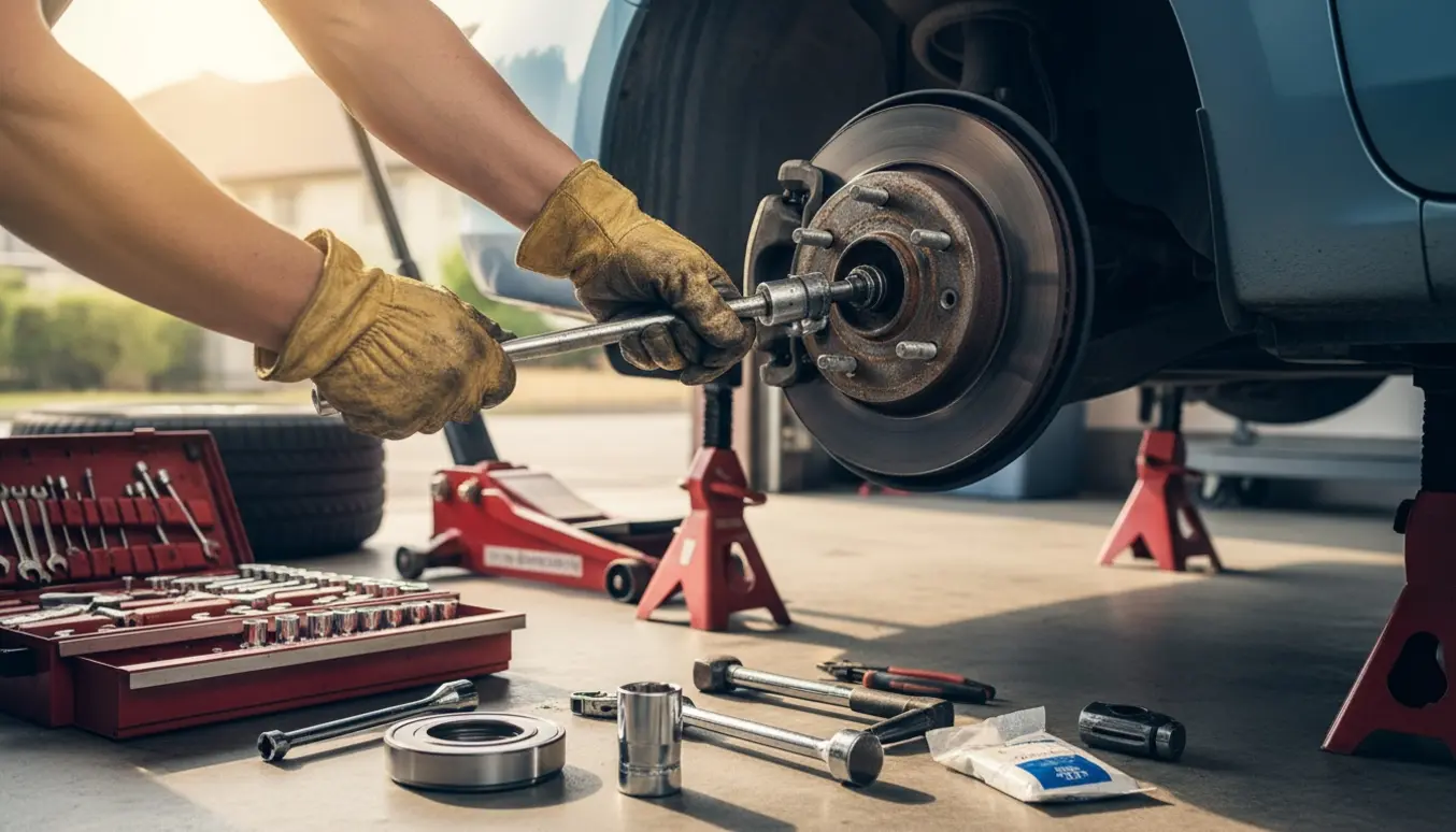 Hænder skifter hjulleje på forhjul af en løftet 2009-model bil i en garage med nyt hjulleje og værktøj ved siden af.