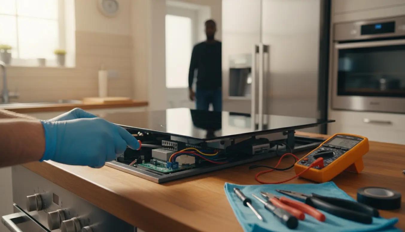 Tekniker reparerer en åben induktionskogeplade på køkkenbordet med skruetrækker og multimeter.