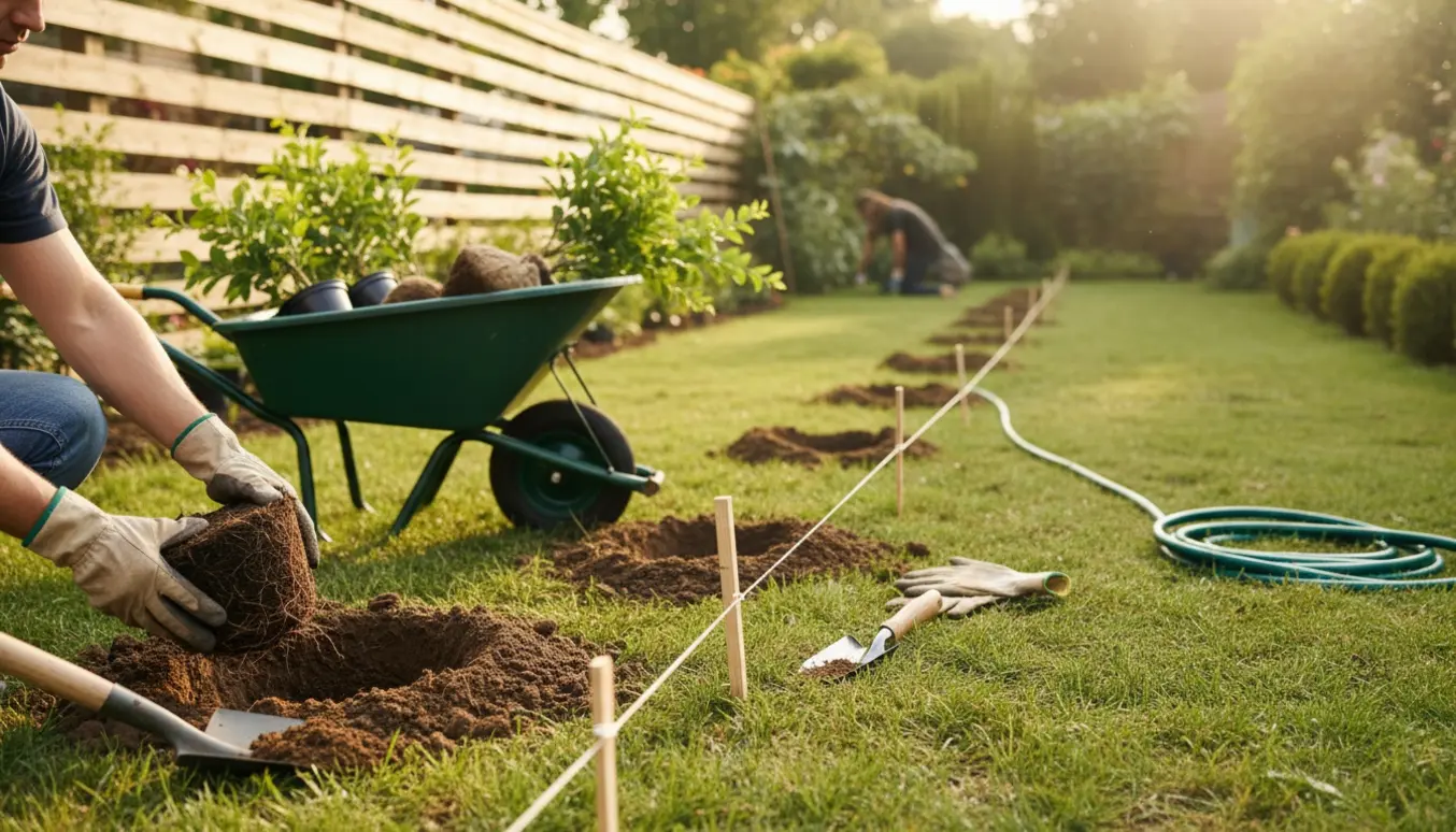 En person planter hækplanter langs et træhegn med skovl og trillebør i blødt dagslys.
