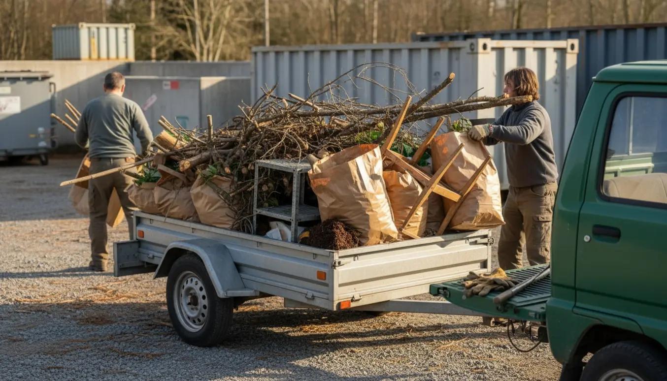 Pickup med trailer fyldt med haveaffald og skrald ved en genbrugsstation, to personer læsser ud med ryggen til.