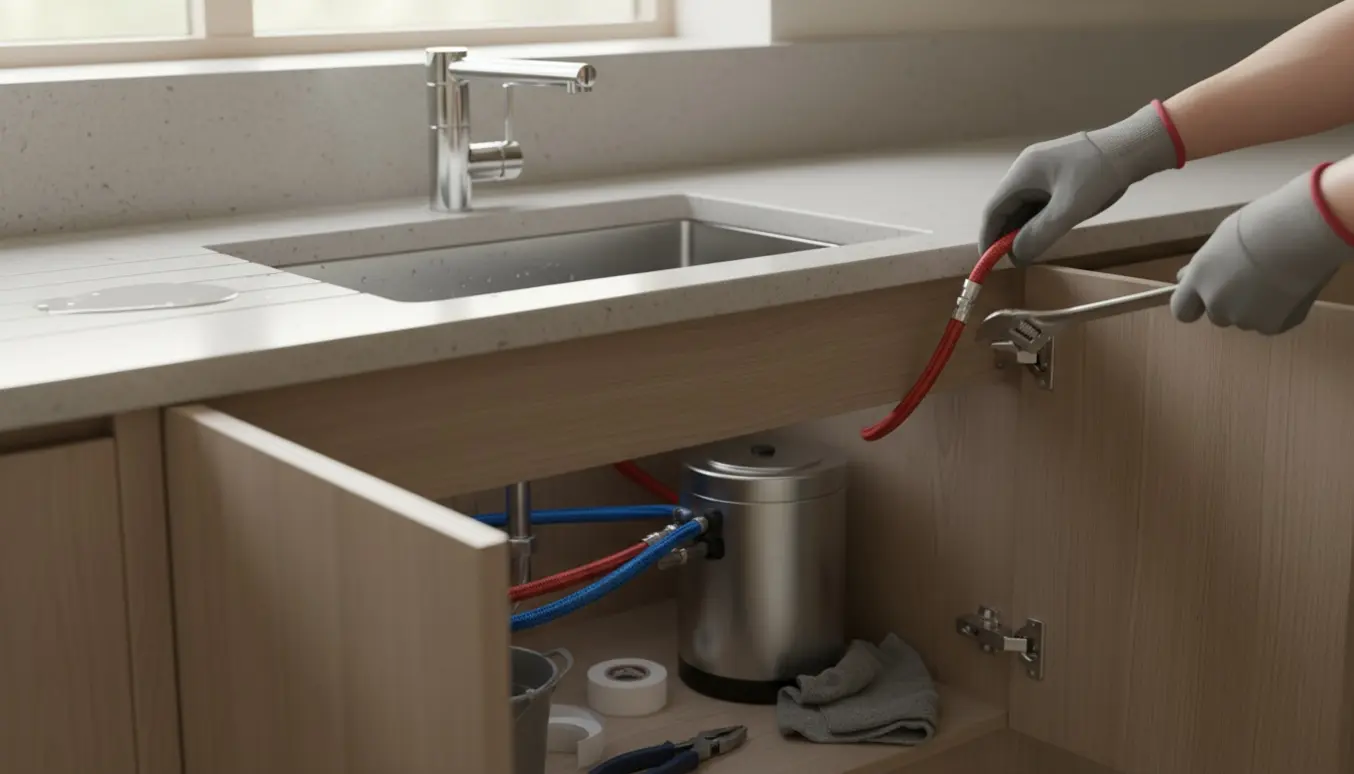 Hænder tilslutter en Quooker-beholder under en køkkenvask til en enkeltgrebsarmatur uden brusefunktion.