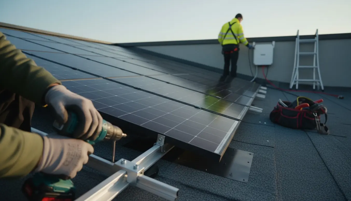 Installatør på lavt tag med tagpap monterer 18 sorte solpaneler på skinner og tilslutter en hybrid 3-faset inverter.