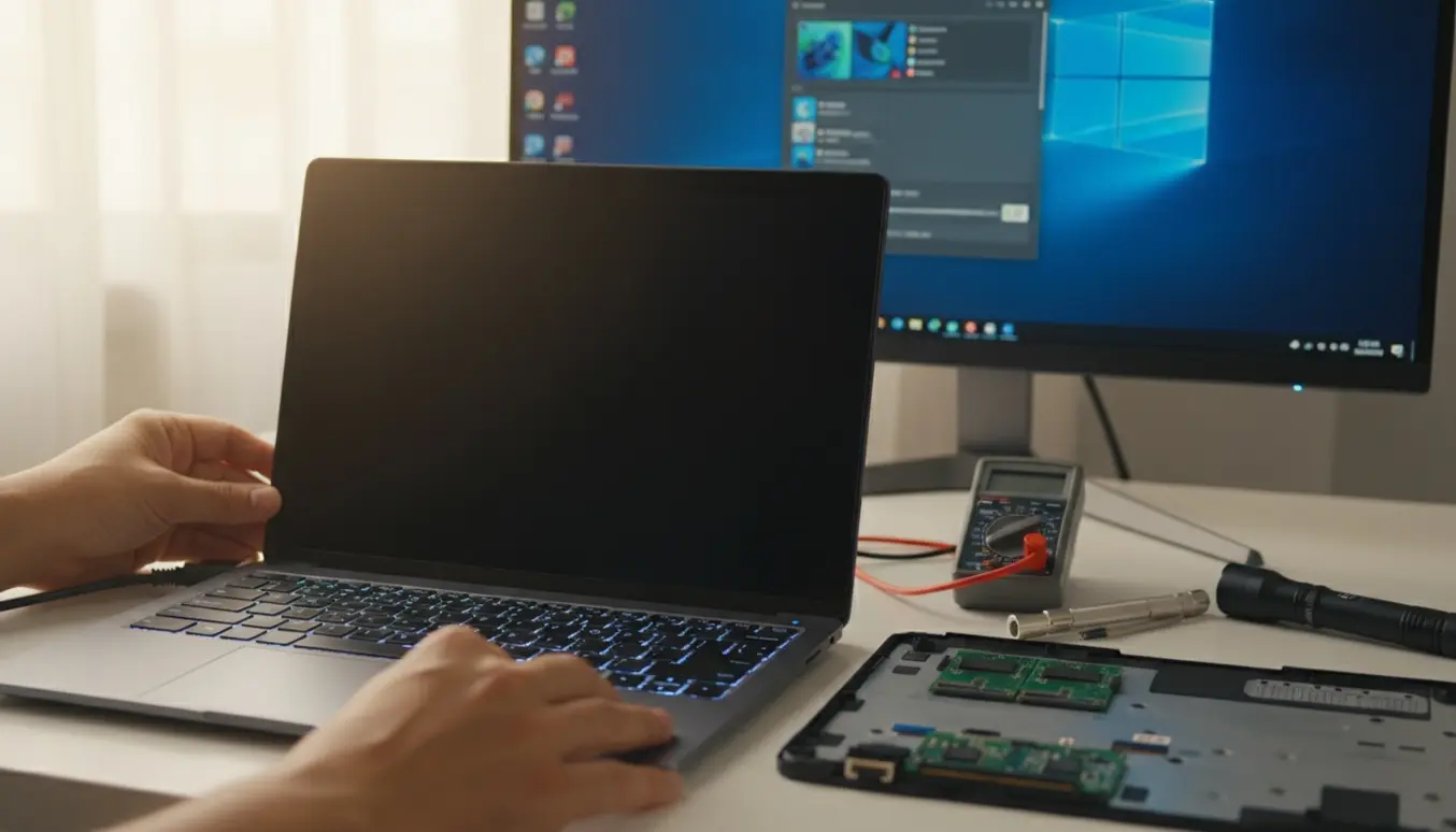 Hænder tilslutter en ekstern skærm til en laptop med sort skærm på et lyst skrivebord.