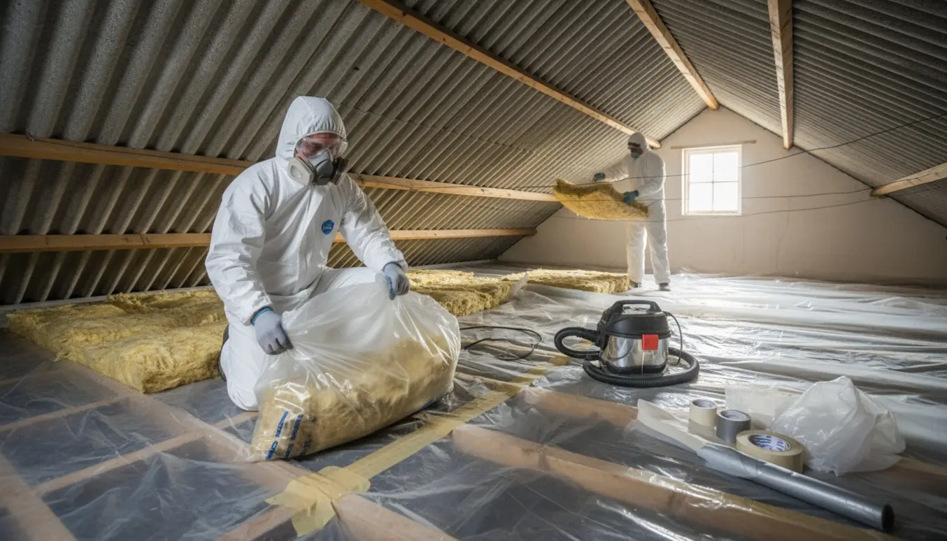 Beskyttede arbejdstagere fjerner isolering fra et loft under et asbesttag med plast, HEPA-støvsuger og forseglet affald.