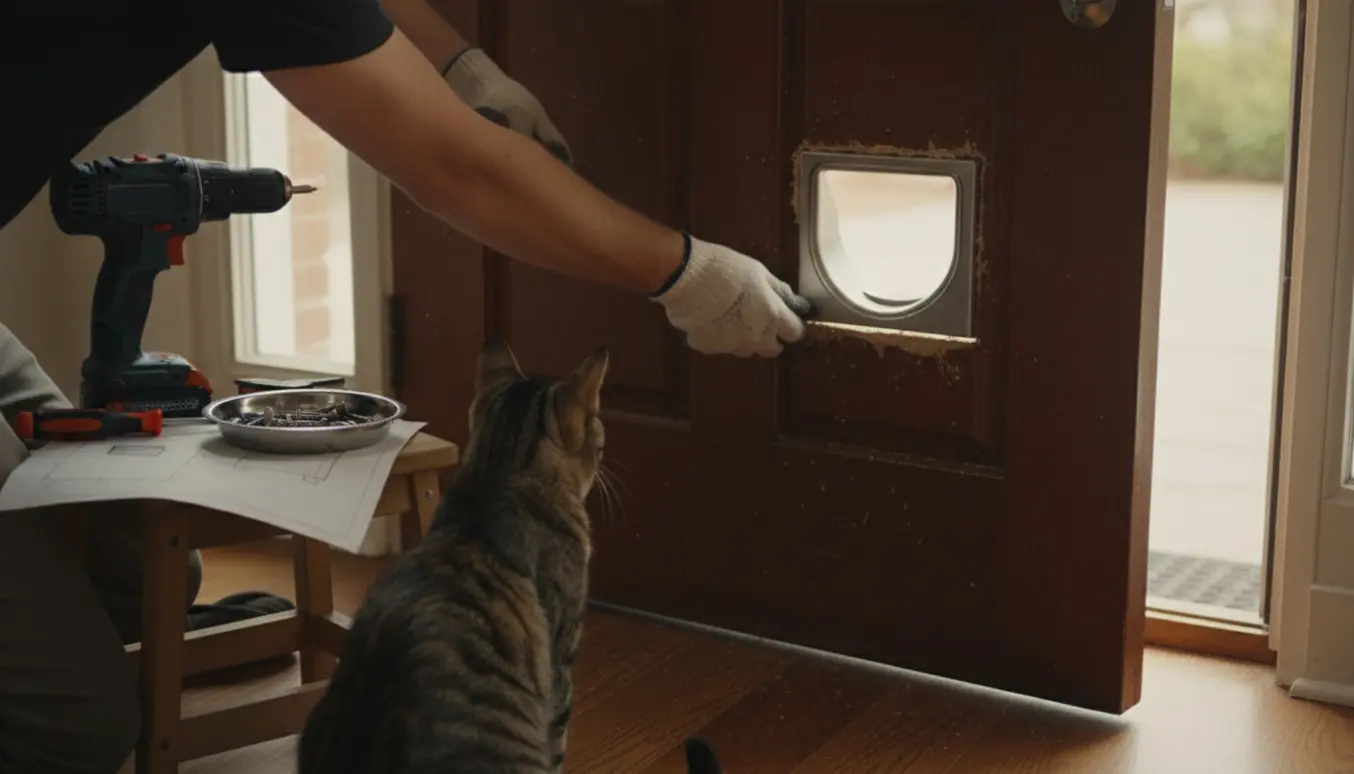 Nærbillede af hænder, der monterer en kattelem i en yderdør med værktøj og en kat i baggrunden.