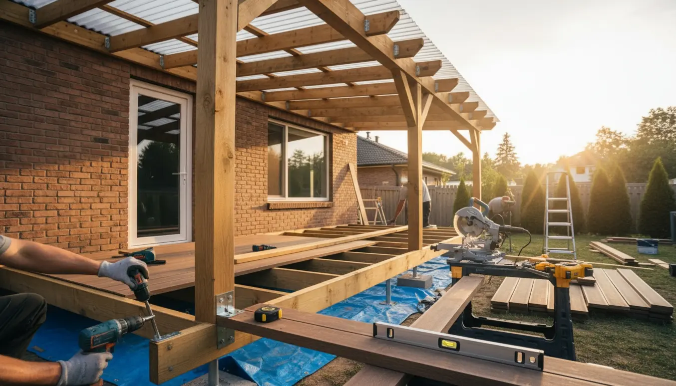 Under opførelse af en overdækket terrasse langs husmuren med træbjælker, værktøj og hænder i fokus.