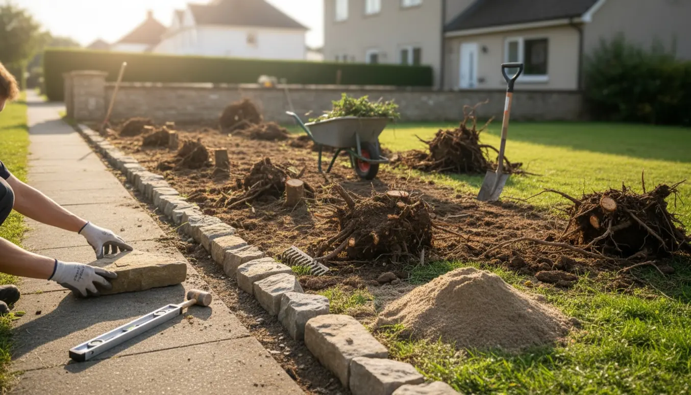 Fronthave med opgravet hæk og naturstens-stensætning langs fortovet.