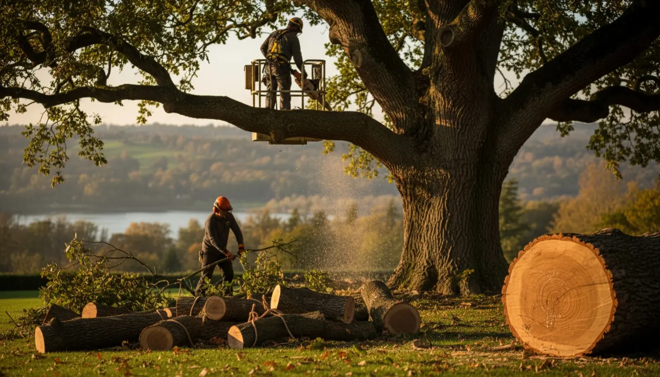 Arborister beskærer et stort egetræ fra en lift, afklippede grene ligger i en bunke, og udsigten bag træet bliver fri.