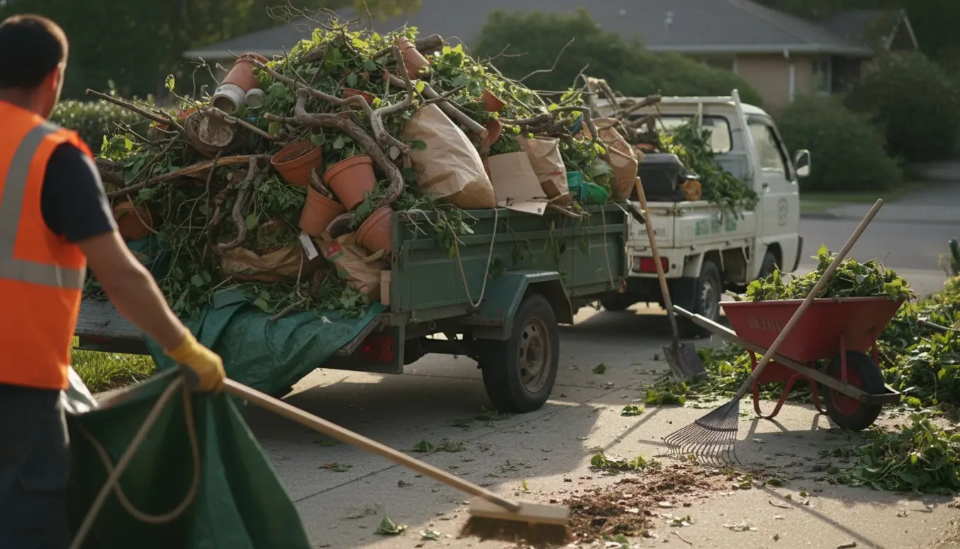 Trailer fyldt med haveaffald og en person, der binder presenningen og fejer indkørslen efter oprydning.