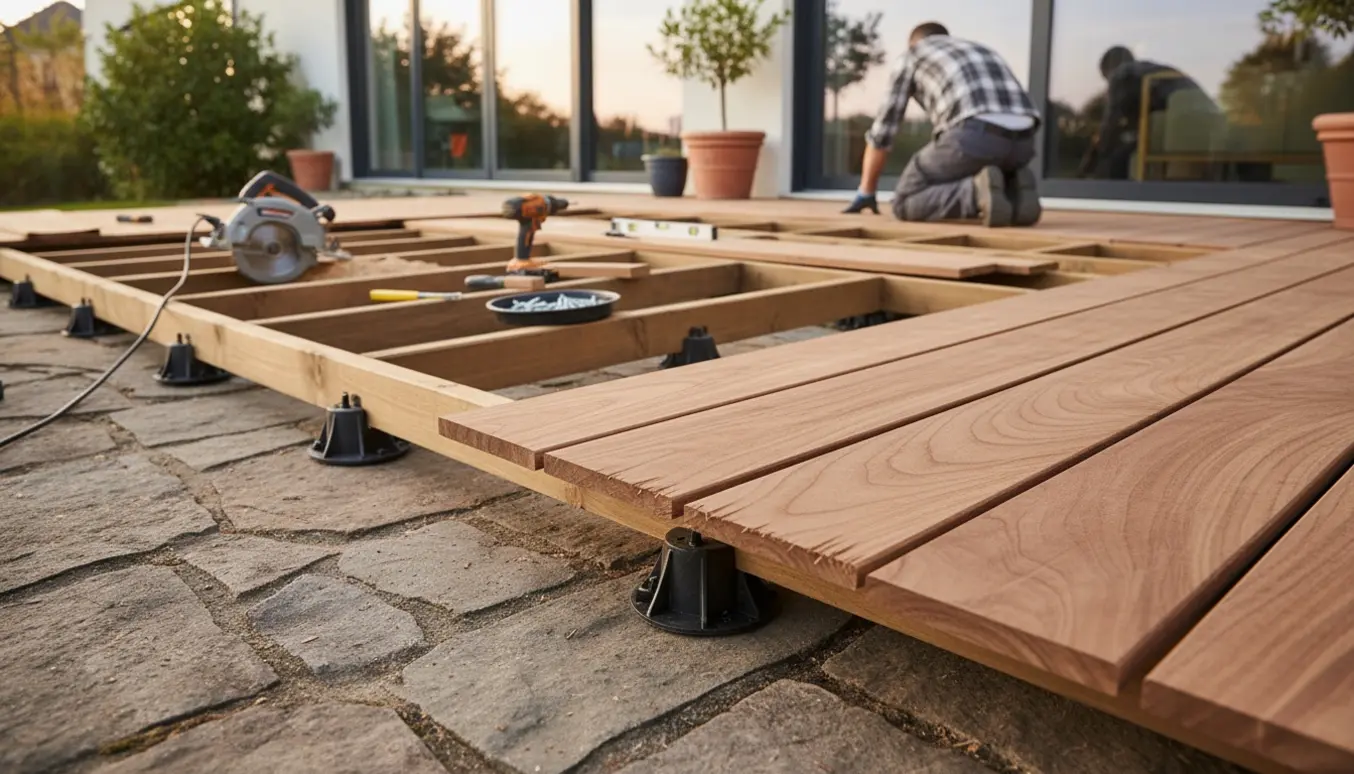 Delvist færdiggjort træterrasse bygges ovenpå en eksisterende stenbelægning med værktøj og materialer.