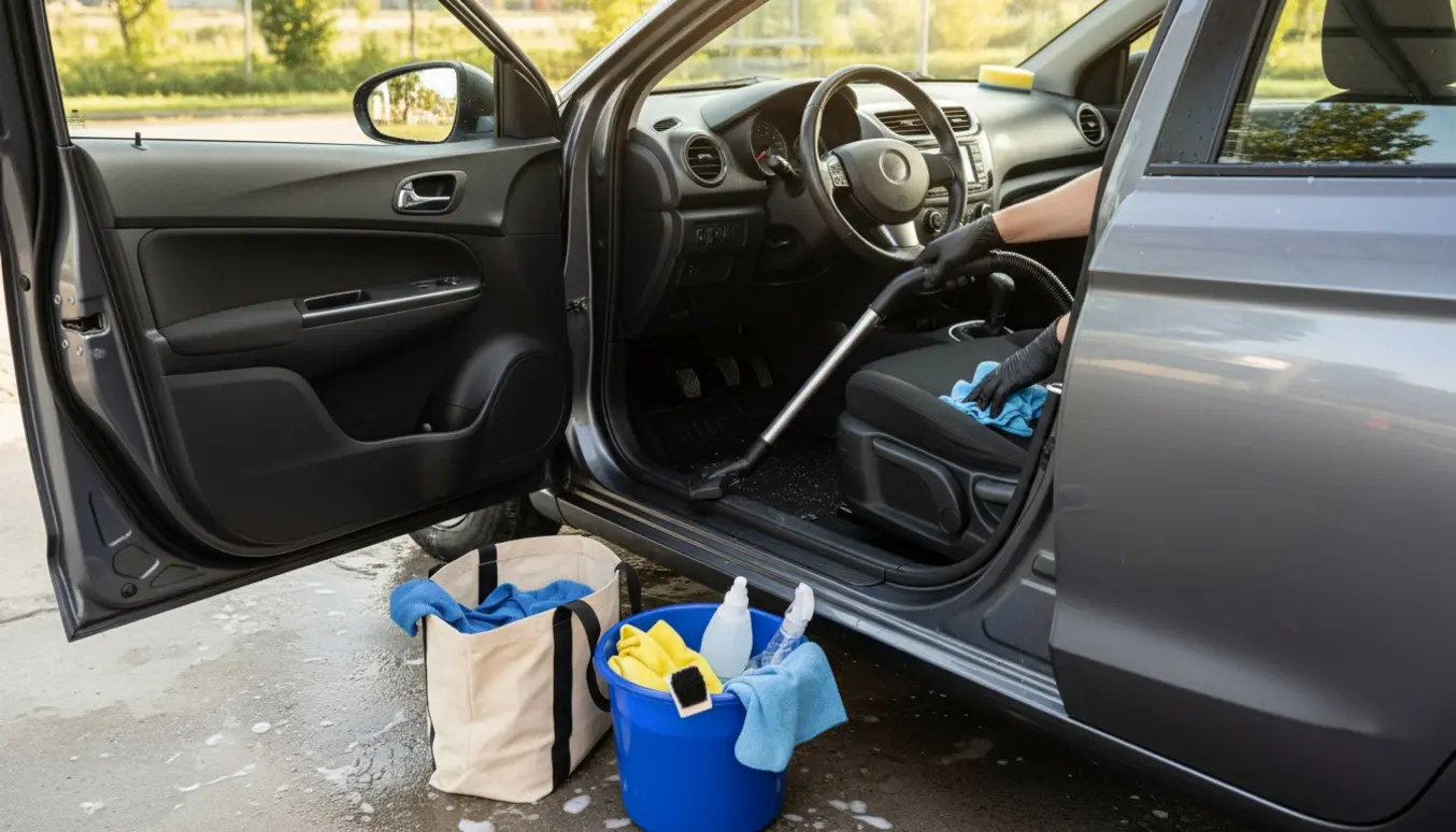 Bil rengøres indvendigt med støvsuger og rengøringsudstyr ved åben dør i blødt morgenlys.