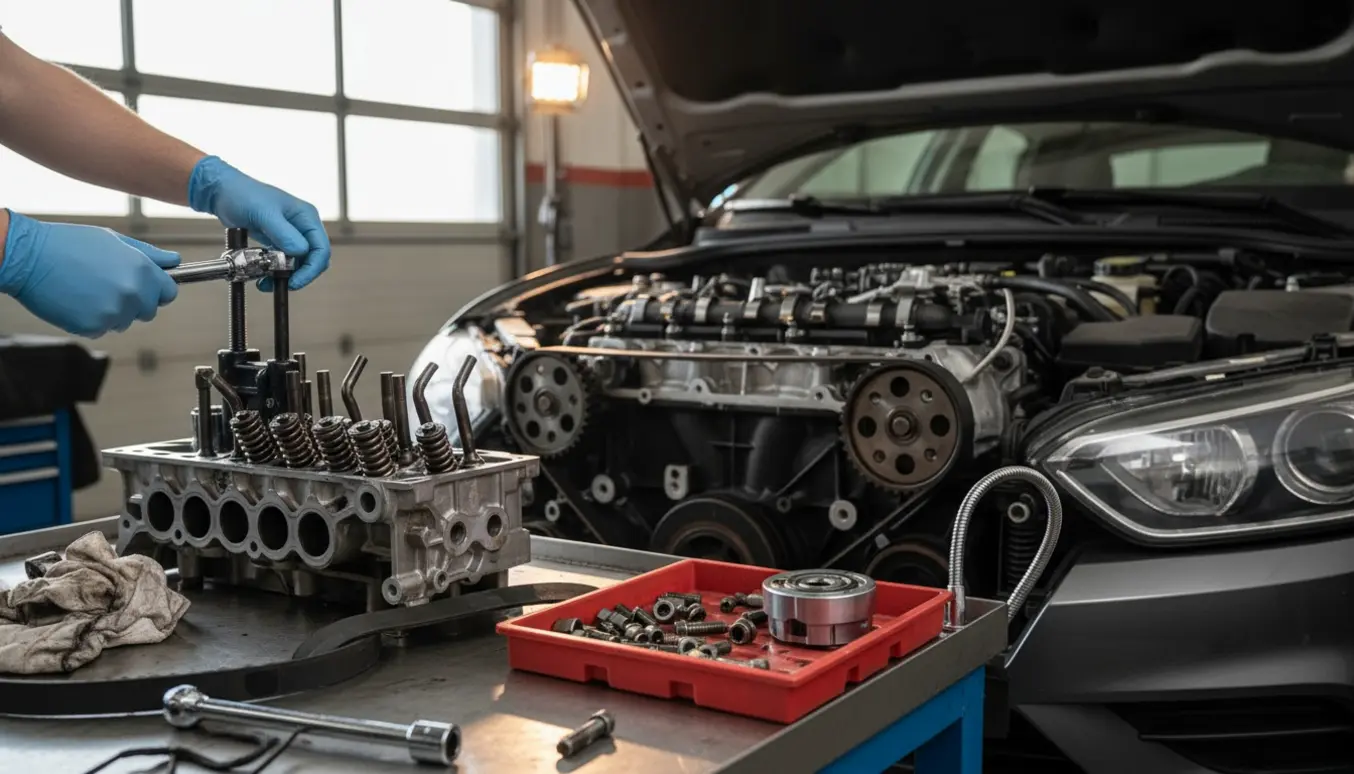 Åben motor med ny tandrem og afmonteret topstykke, en håndværker i handsker arbejder med tydeligt bøjede ventiler.