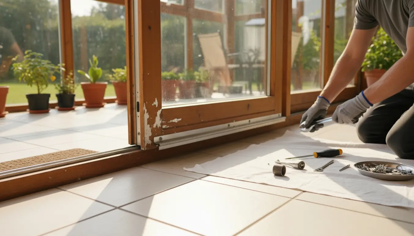 Hænder justerer hjulet på en sunket træskydedør i en lys udestue.