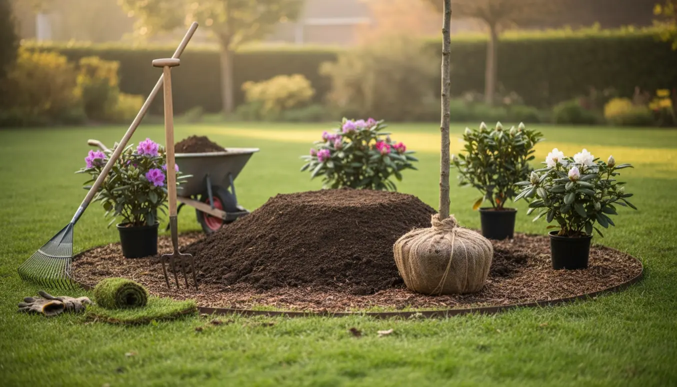 Nygravet bed med forhøjet midte til et træ, klar til plantning af rhododendron.