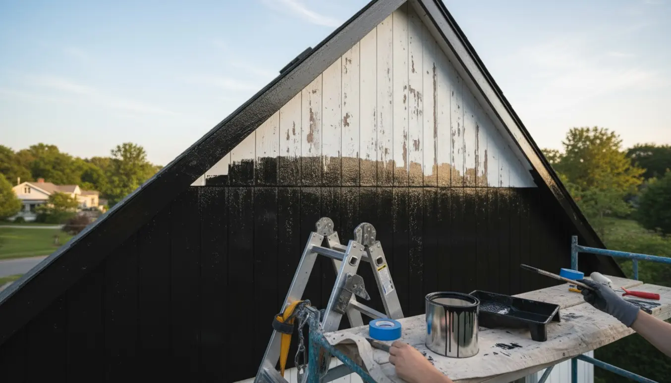 En maler maler en husgavl sort med pensel, malerbøtte og stige i blødt naturligt lys.