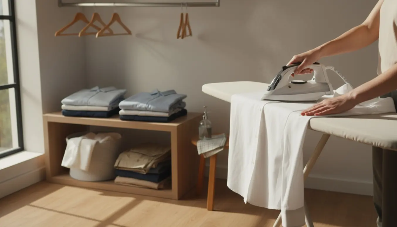 Hænder stryger en skjorte på et strygebræt med to stabler af nystyrede voksenklæder i baggrunden.