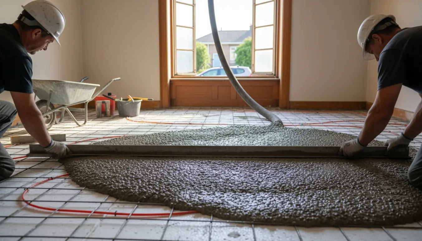 Beton hældes ind gennem gavlvindue og udlægges over flamingo, rionet og gulvvarmeslanger i et 60'er køkken-alrum.