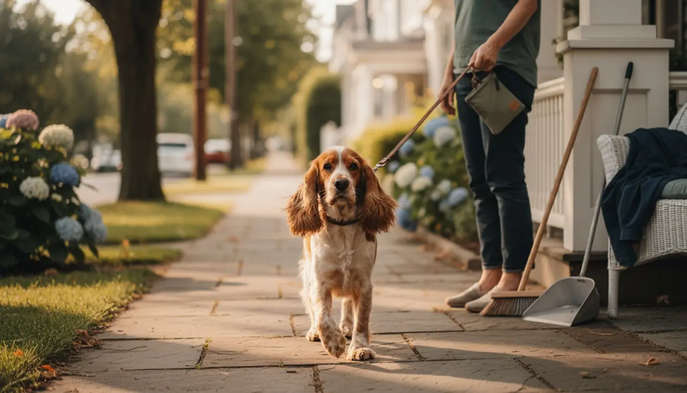 Cocker Spaniel på eftermiddagstur i en rolig forstadsgade, ejer set uden ansigt med snor.