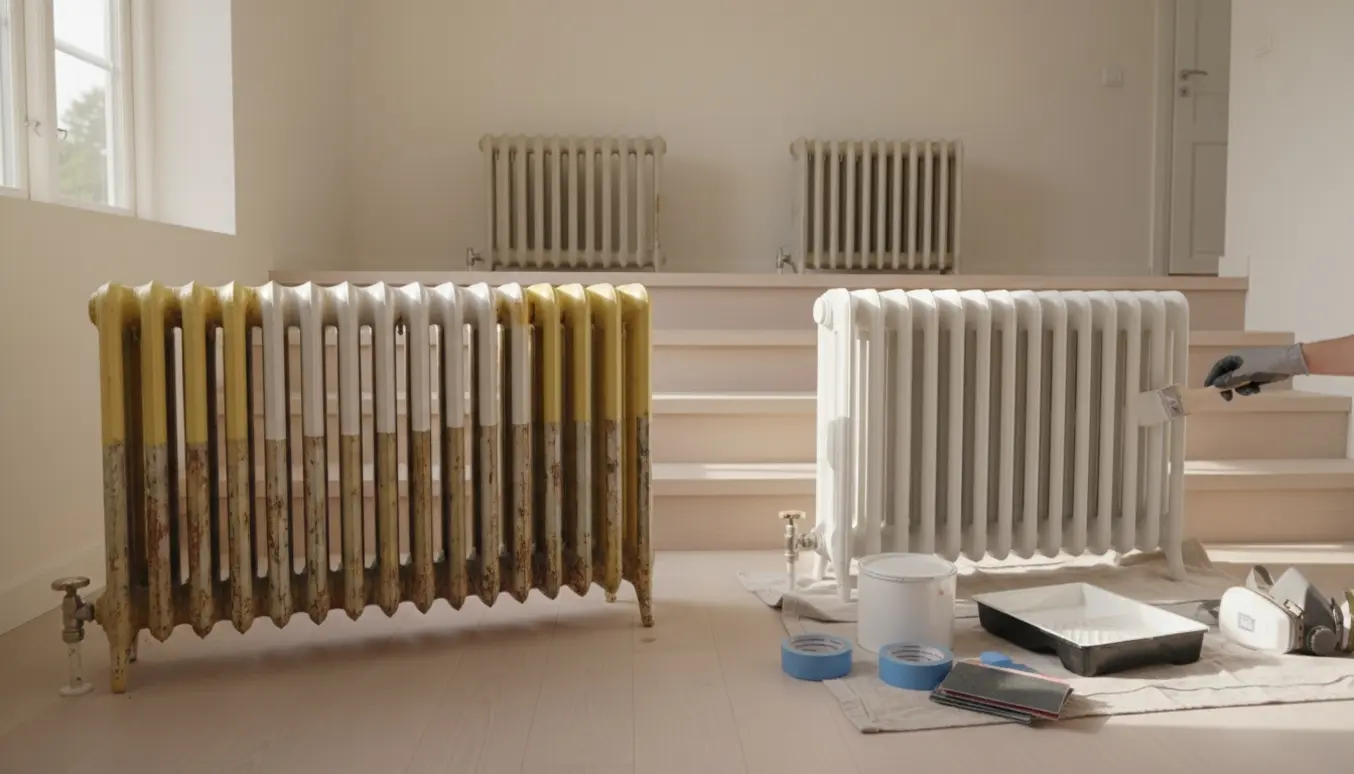Fem radiatorer i et lyst hjem, hvor en maler midt i en maling er ved at give dem et frisk, før-og-efter-look.