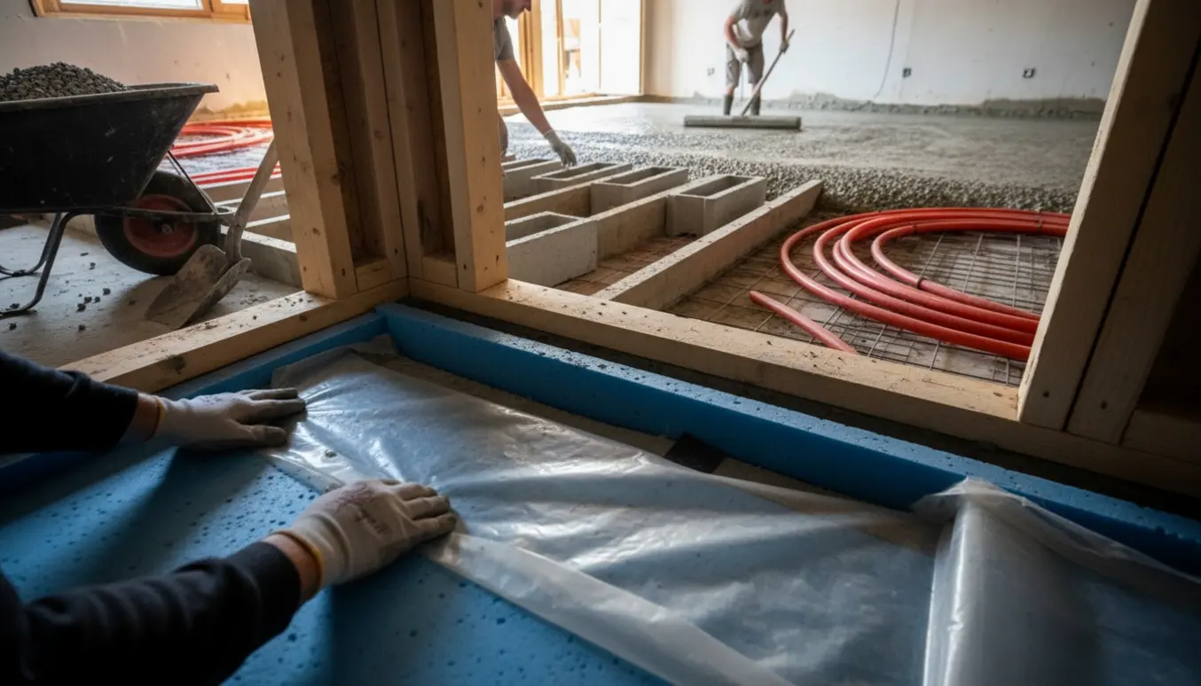 Lav krybekælder og kælder hvor isolering lægges, gulvvarmerør rulles ud og betondæk forberedes.