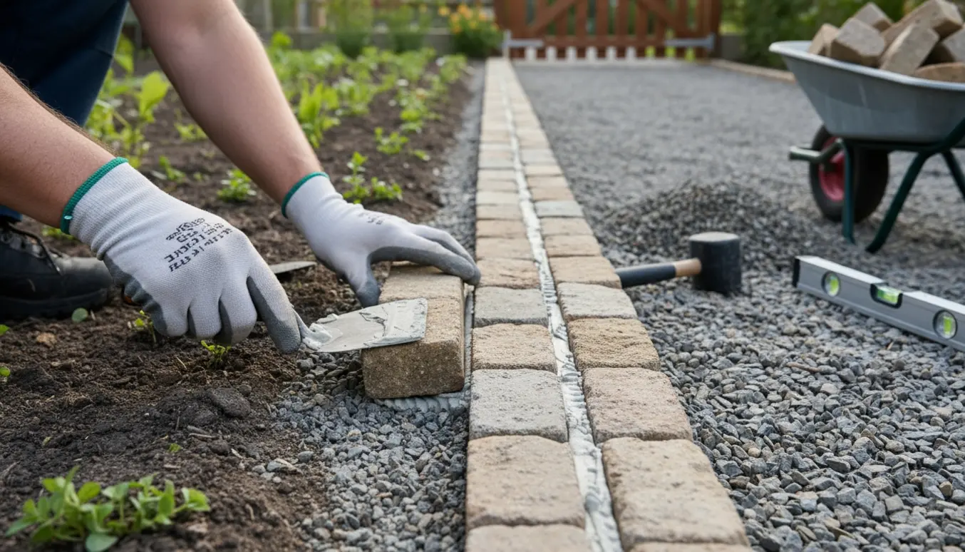 Nærbillede af herregårdssten lagt som bedkant med fliseklæb og værktøj på grus.