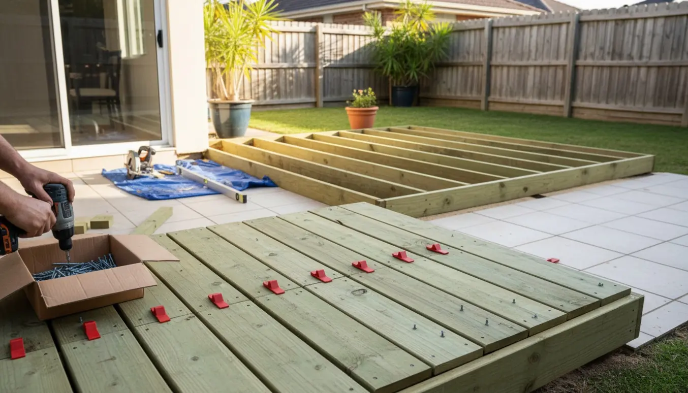Trykimprægnerede terrassebrædder lægges ovenpå eksisterende fliseterrasser med værktøj og materialer i baghaven.