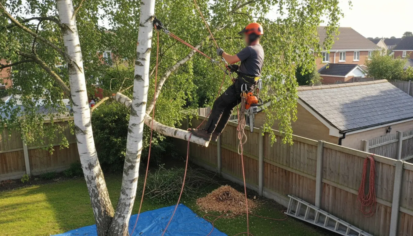 En arborist sænker kontrolleret afskårne birkegrene med tov og talje ved et hegn og et nært anneks.