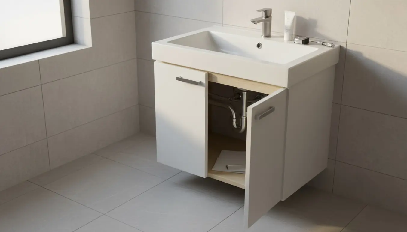 Hvidt badeværelsesskab monteret under vasken med synlige VVS-rør og værktøj på bordet.