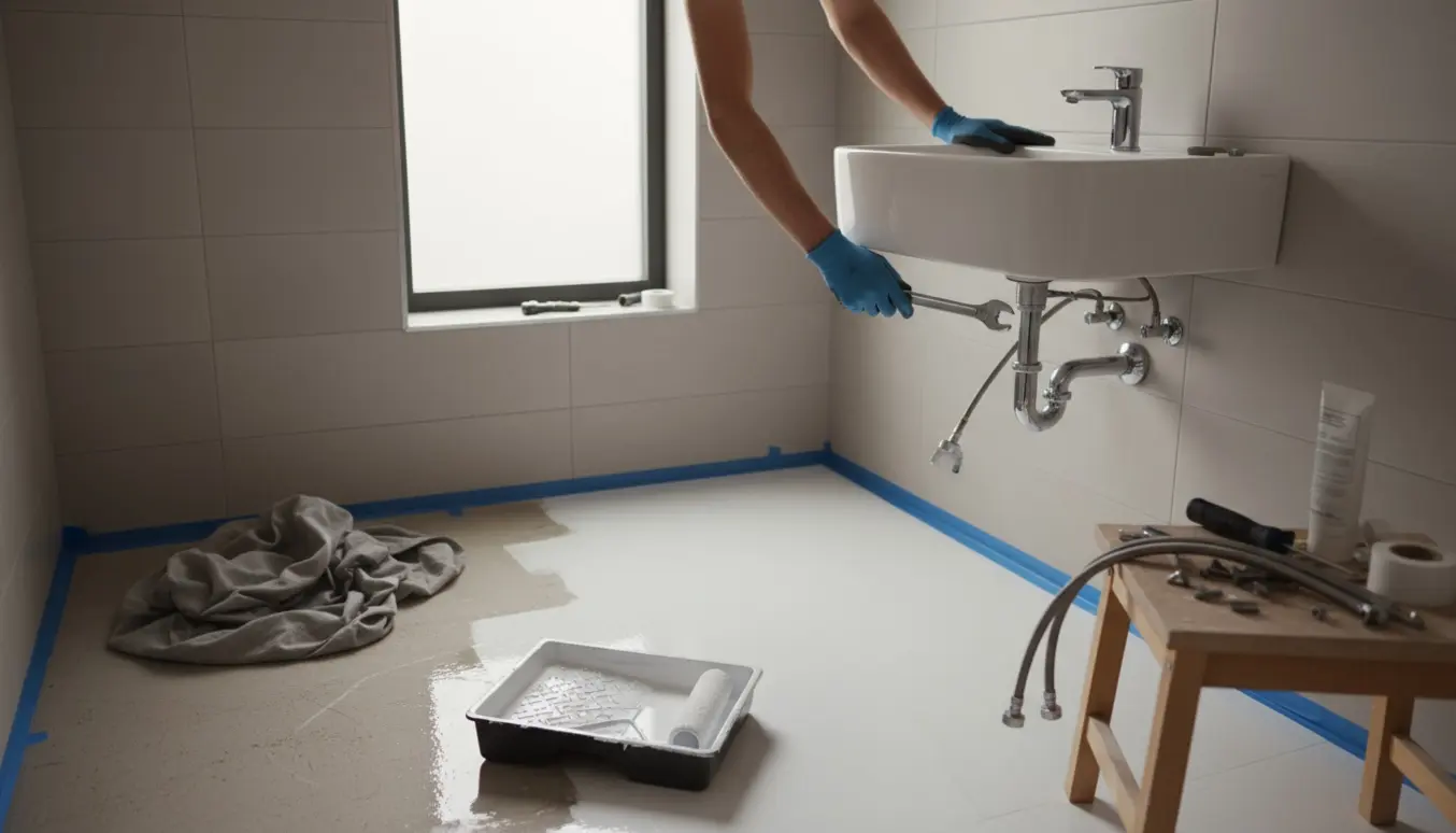 Badeværelse under renovering med halvt malet hvidt gulv og en ny håndvask klar til montering.