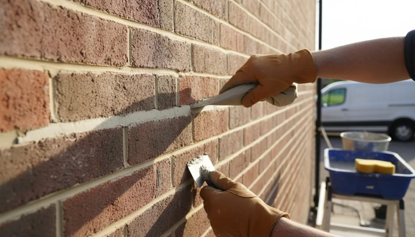 Nærbillede af omfugning på en murstensgavl uden udkradsning, med fugepistol, murerske og vandbalje.