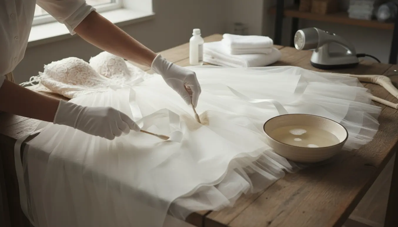 En brudekjole ligger på et bord, mens handske‑beklædte hænder forsigtigt fjerner let snavs ved en plet.