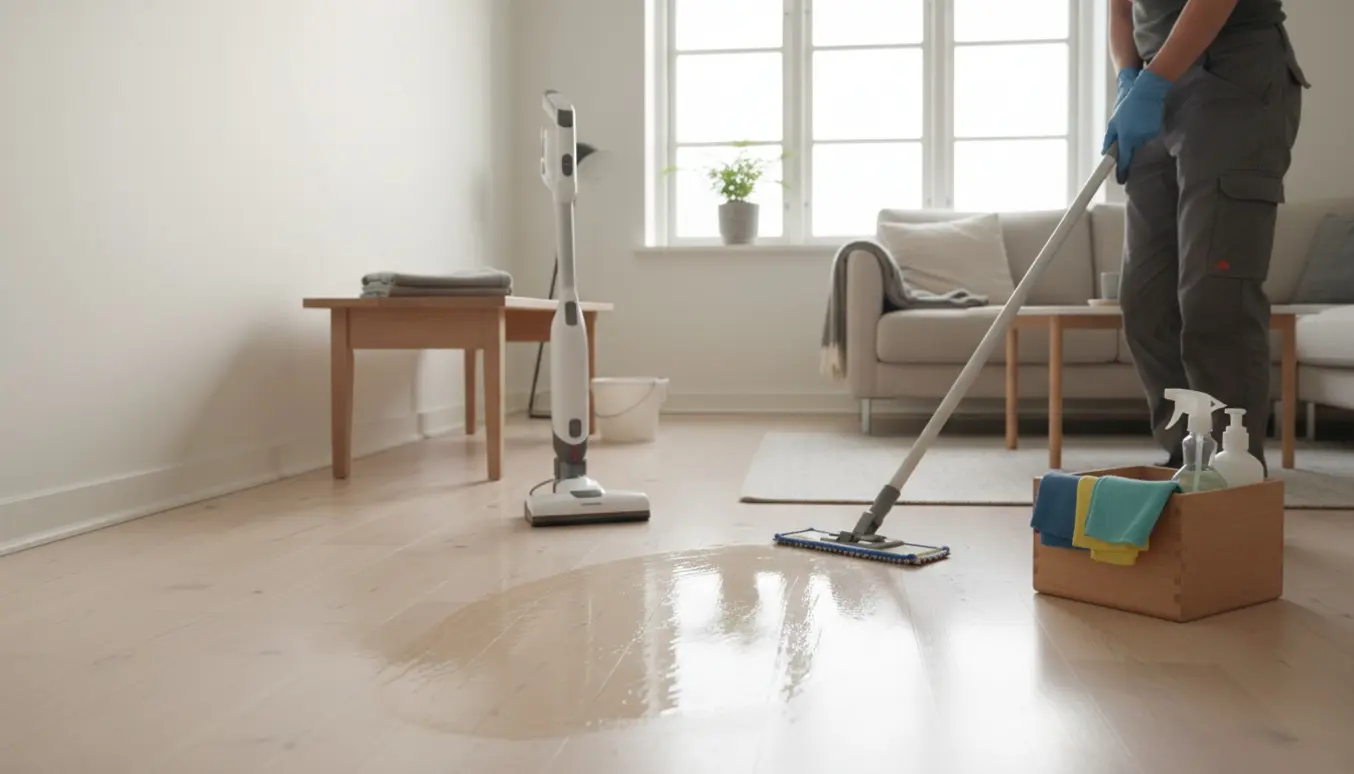 Professionel rengøring i lyst skandinavisk hjem med glinsende trægulv og rengøringsudstyr.