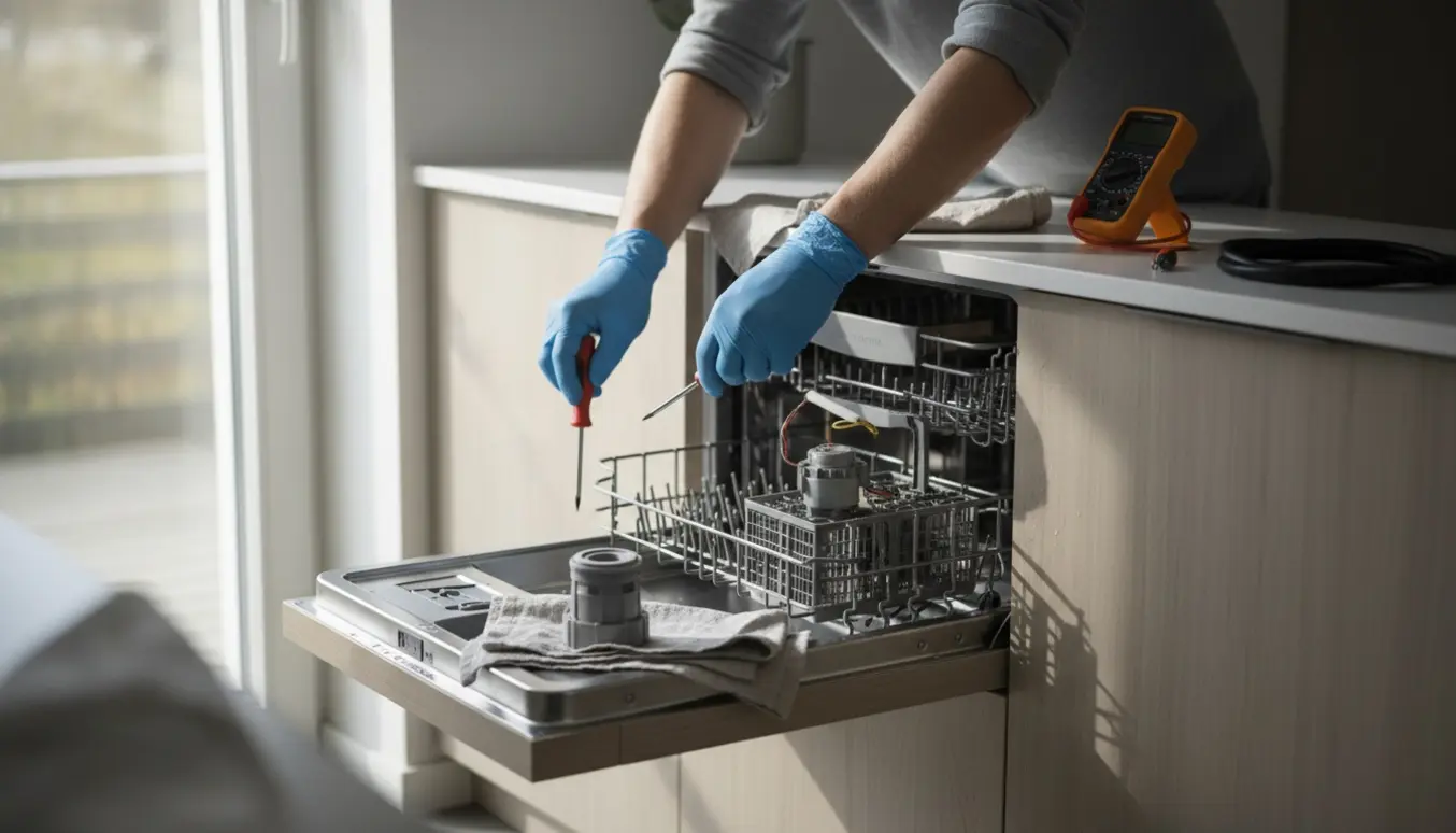 Hænder reparerer en åben opvaskemaskine med værktøj og reservedele på køkkenbordet.