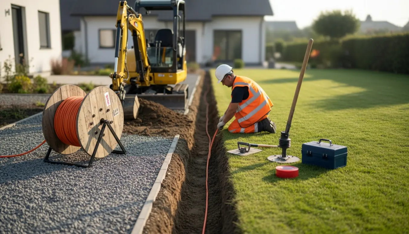 Mini gravemaskine og arbejdere lægger elkabel i en ca. 70 cm dyb rende gennem grus og græs.