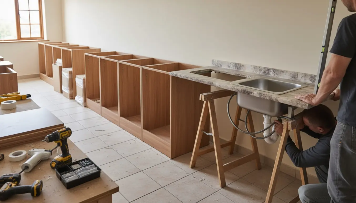 Håndværkere monterer skabe og udskifter køkkenbord med vask, mens rør forbindes under vasken.