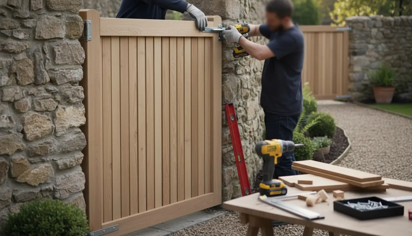 Montering af en Thermowood havelåge i en muråbning med nedadvendte lameller og værktøj i fokus.