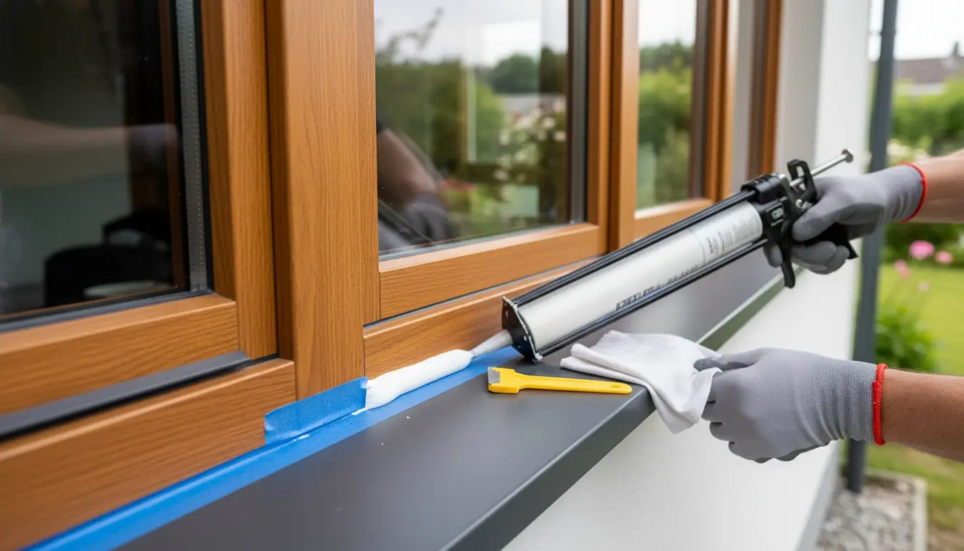 Nærbillede af påføring af hvid fuge mellem træ-alu vindue og ny udvendig sålbænk.