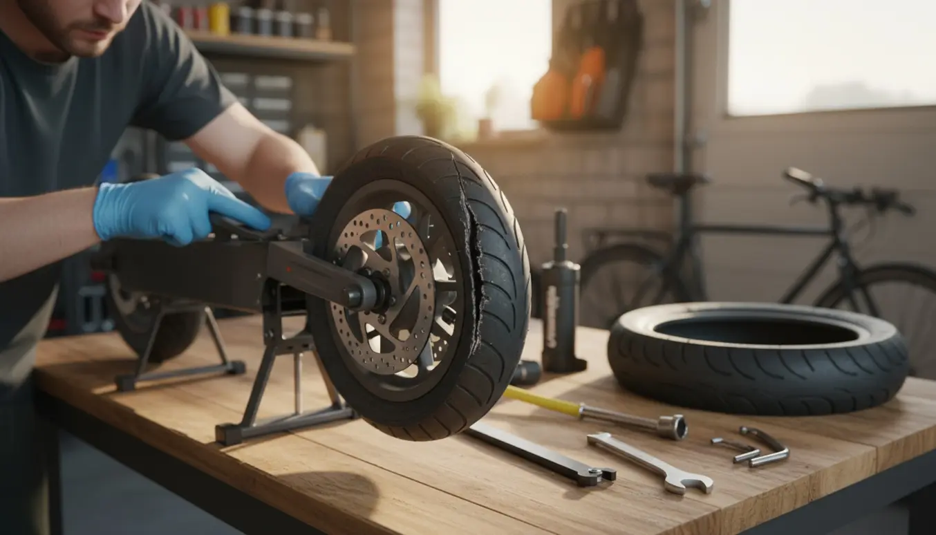 Baghjul på en elektrisk scooter med et flænget bagdæk, nyt rezervdæk og værktøj på en arbejdsbænk.