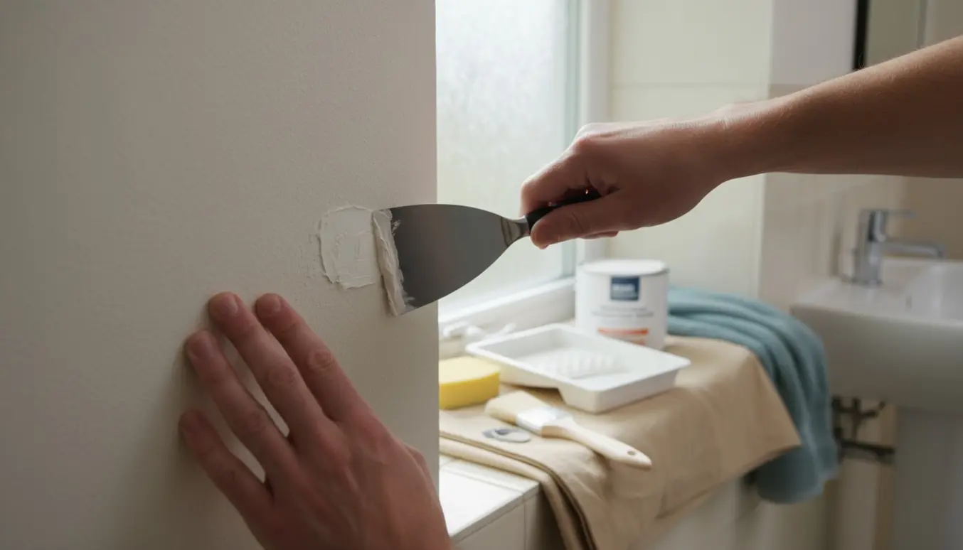 Nærbillede af hænder, der fylder og glatter et mindre hul i badeværelsesvæg med spartel og malergrej.